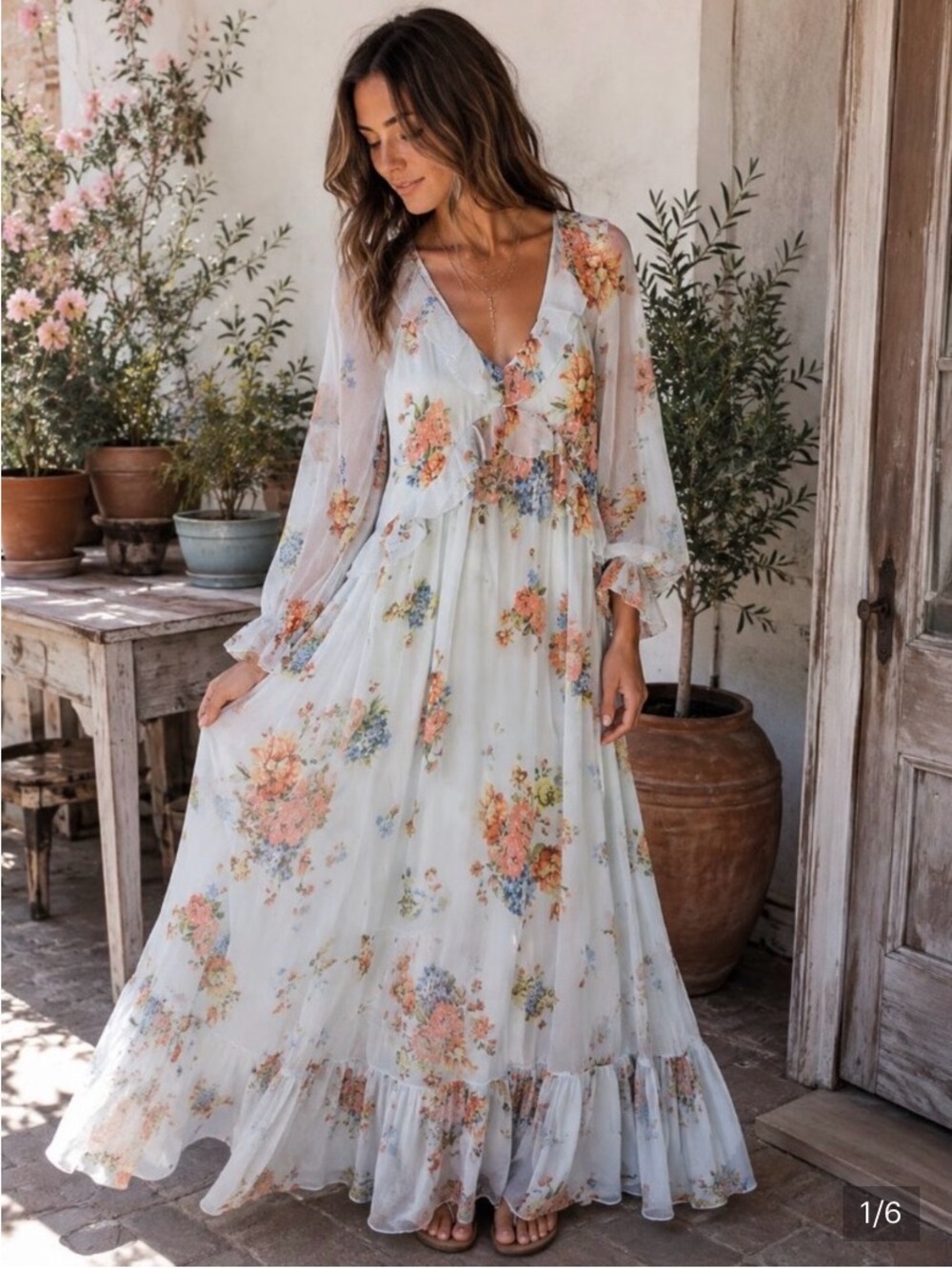 Patrons of Peace Floral Maxi with Ruffle V-Neck Ethereal Boho Dress NWT